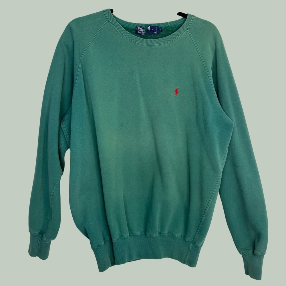 Polo Ralph Lauren Vintage Green Crewneck Sweatshirt Red Pony Mens M Faded